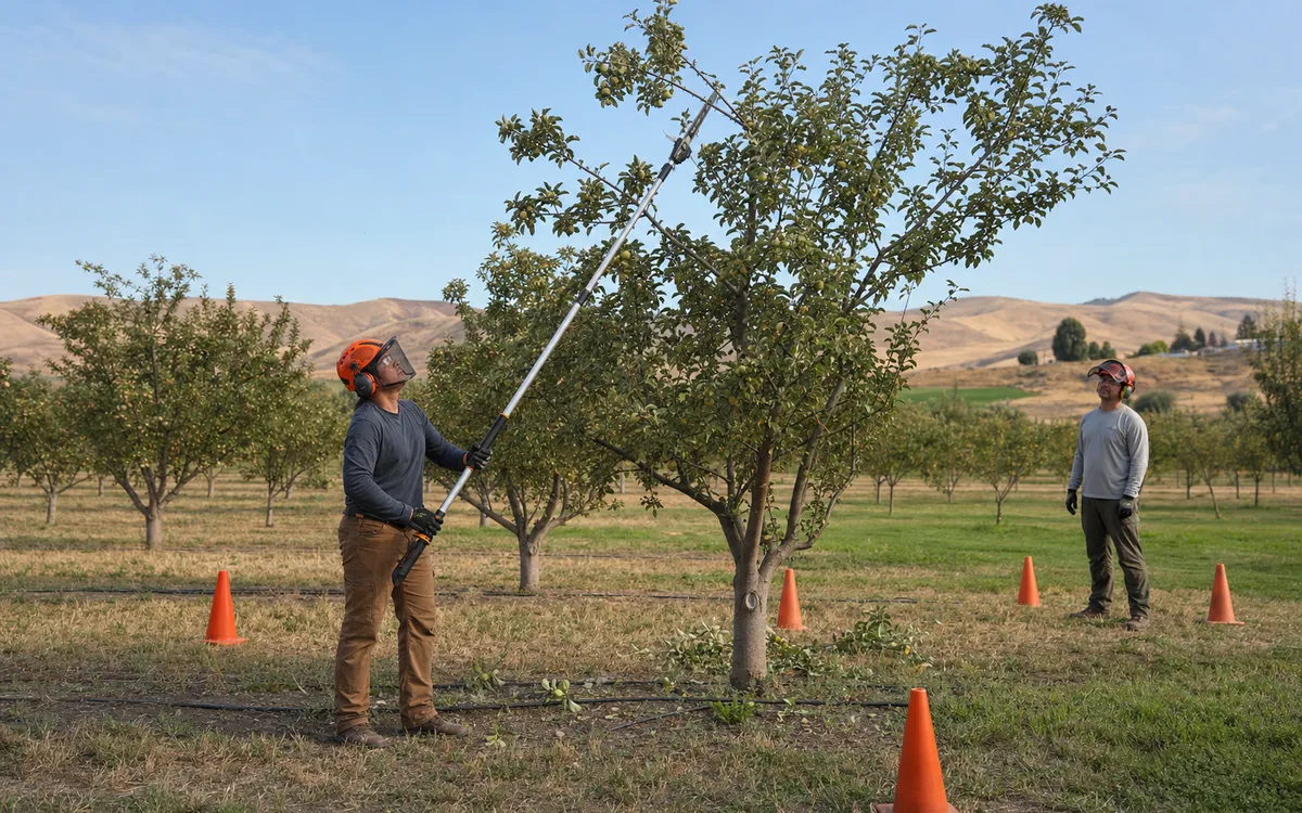 Arborist pruning a small orchard tree from the ground in Lewiston, Idaho