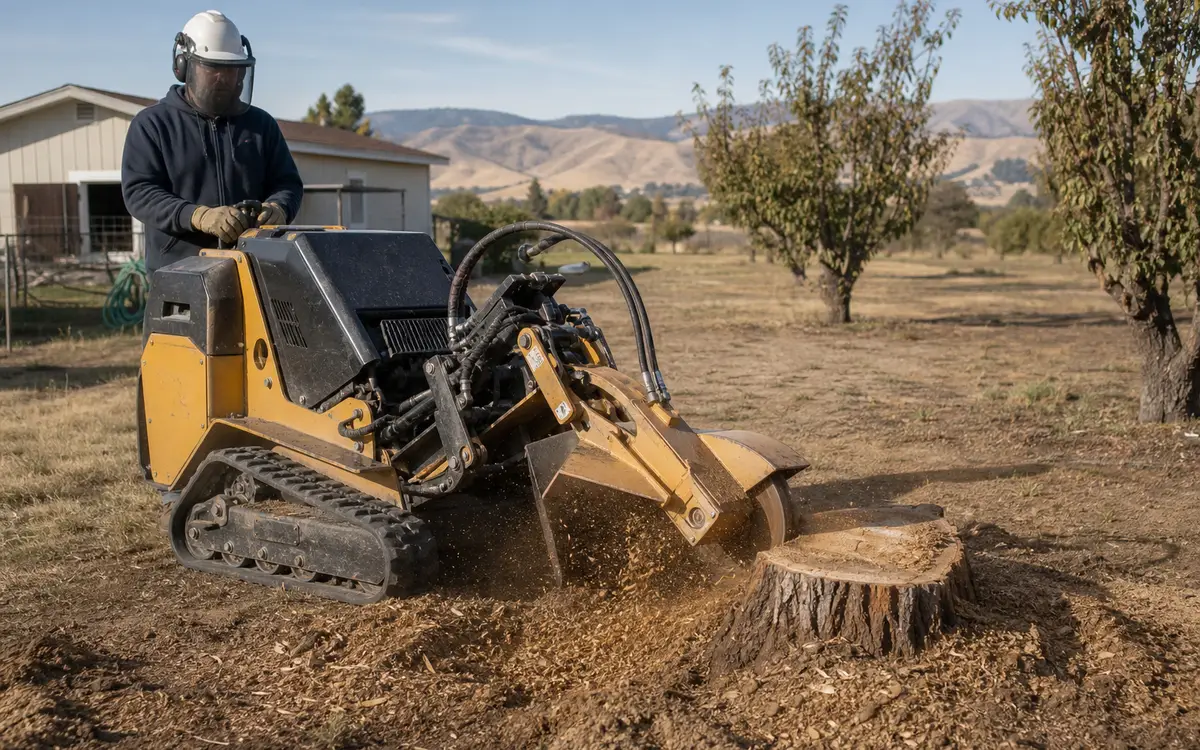 Operator grinding a stump on a dry Lewiston Orchards property