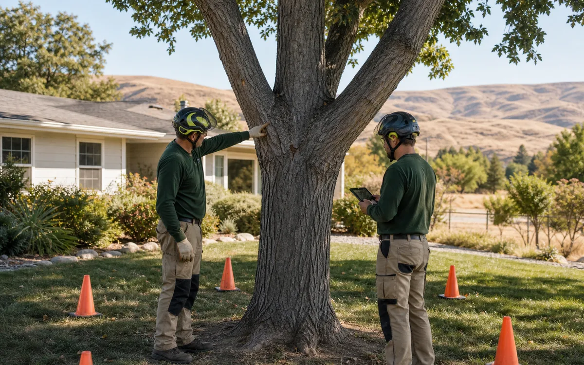 Arborists assessing a mature yard tree in Lewiston, Idaho