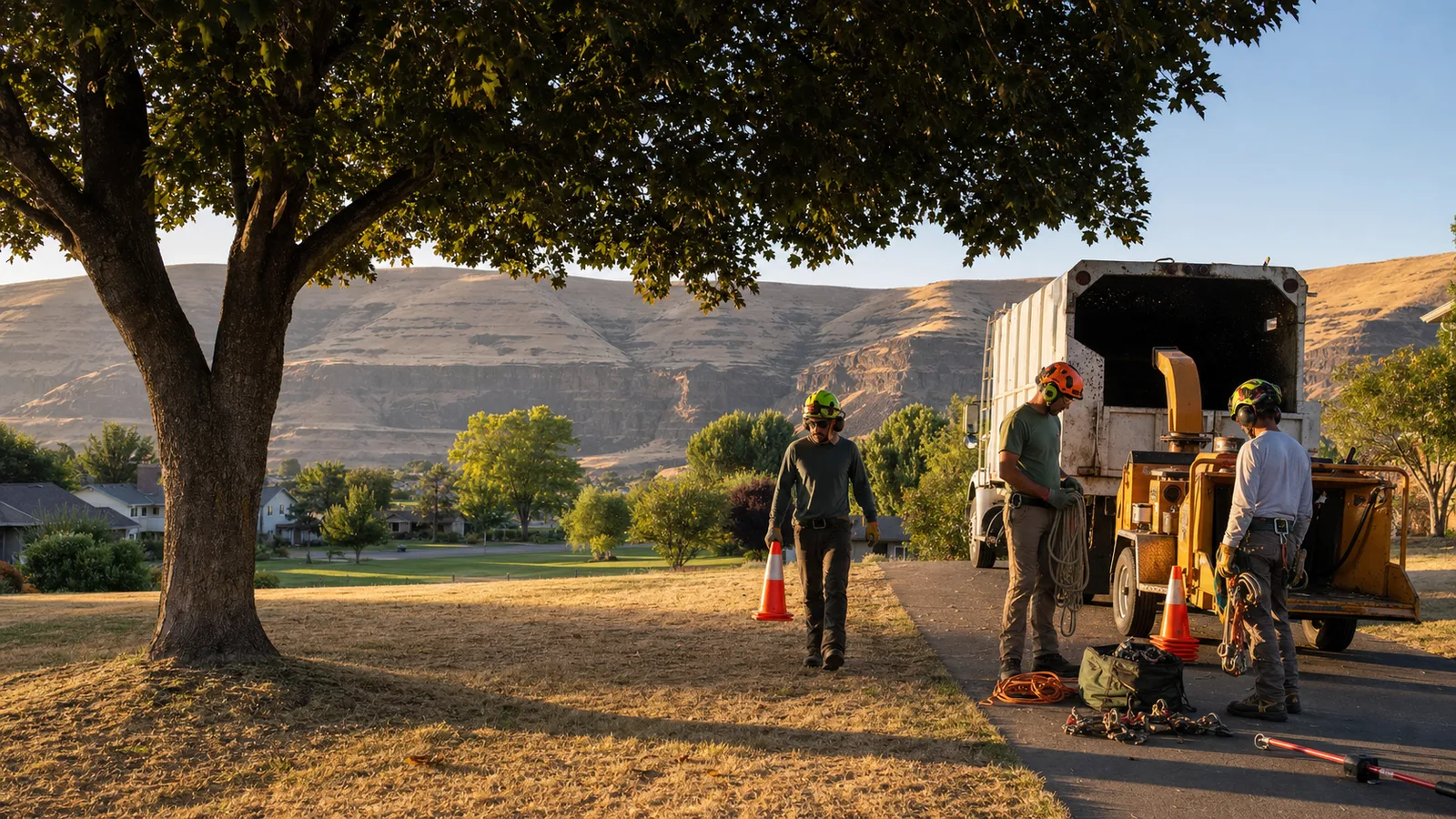 Tree service crew staging equipment in a dry residential yard beneath Lewis-Clark Valley hills near Lewiston, Idaho